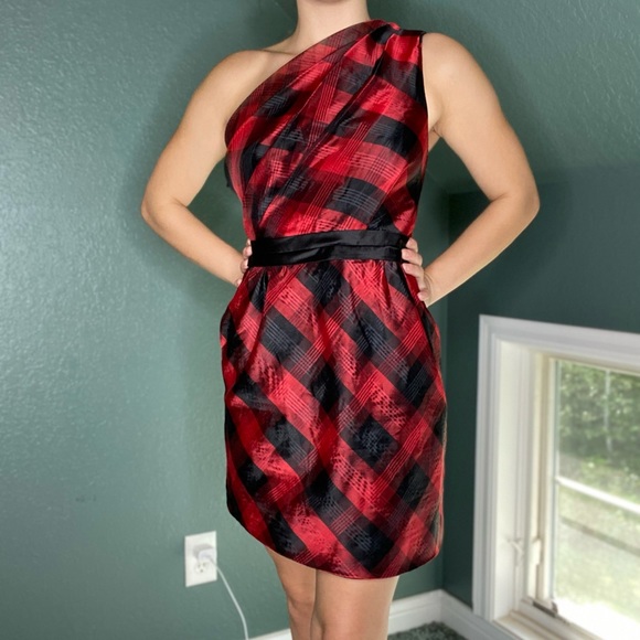 plaid one shoulder dress Brown Concha Plaid One-Shoulder Tie Maxi Dress